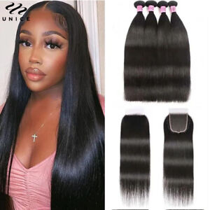 UNice Peruvian Straight Hair 3 Bundles with HD Lace Closure Human Hair Extension