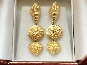14kt Solid Yellow Gold Seashell, Sand Dollar, Drop Dangle Earrings—4 grams 14kt