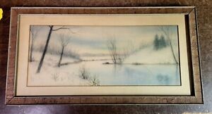 New ListingOld Watercolor Snow Covered Winter Landscape W/Stream Ernst Zimmerman York, Pa.