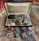 Vintage RHINESTONE Brooch Lot + Retro CORO Velvet Jewelry Presentation Case Box