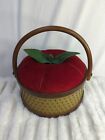 Vintage Sewing Basket Tomato Apple Box Pin Cushion Top Swivel Handel - Red Brown