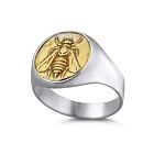 FREE SIZE 925 Silver Bee Coin Signet Men's Ring Handmade Artisan Turkish Jewelry