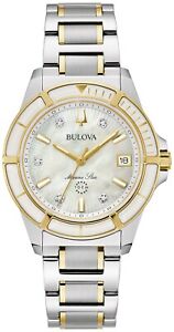 Bulova Marine Star Women's Silver Diamond Accent Calendar Watch 34MM 98P215
