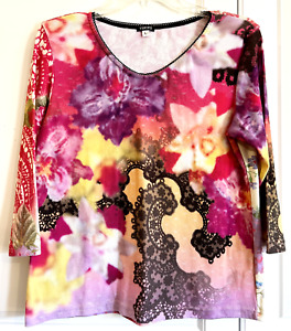 Yukiko Multicolor Paisley Floral Womens Size Large Cotton Blend Shirt Top