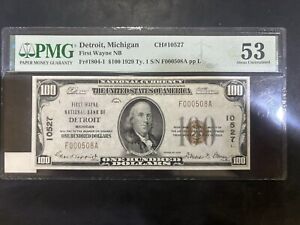 New Listing1929 $100 National Bank Note,  Detroit, MI - PMG53