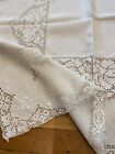 Antique French Natural heavy linen Drawn filet Lace embroidered Sq Tablecloth