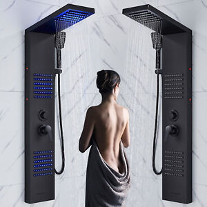 LED Rainfall Shower Panel Tower Massage Shower Faucet System Set Stainless Steel