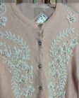 Vtg 50s 60s Angora Cardigan Sweater 40 Blush Pink Beaded Pearls Pinup Coquette
