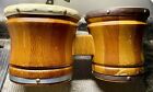 VINTAGE Bongo drums jointed wood with metal bands - work well 7.25’ and 6.25’