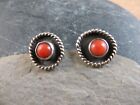 Vintage Red Coral Cabochon Round Rope Edge Sterling Silver Post Earrings #705