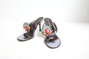 VTG RARE Sz 9/39 BCBGMAXAZRIA Leather Sliver Sandals With Large Stones And Beads