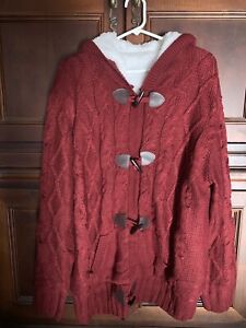 Women’s Red Sweater/Jacket/Coat With White Faux Fur Lining & Wood Toggle Closure