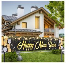 Happy New Year Banner 2024 - Black Gold- 120X20 In- New Year Decorations