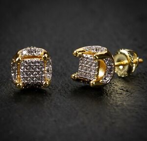 Mini Gold Plated Mens 925 Sterling Silver Round Screw Back Hip Hop Stud Earrings