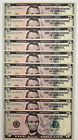 New Uncirculated Five Dollar Bills  Series 2021  $5  Sequential Notes  Lot of 10