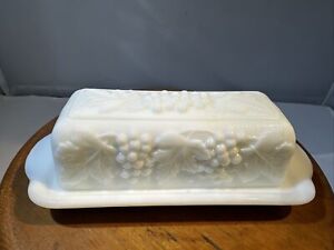Vintage IMPERIAL Milk Glass Lidded Butter Dish GRAPES