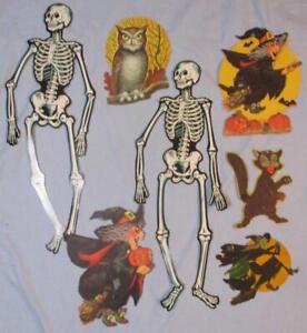 Vtg 1970 Lot of 7  Diecut Beistle Jointed Skeleton Halloween Witch Black Cat Owl