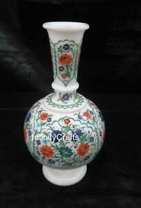 White Marble Flower Pot Beautiful Floral Pattern Inlay Work Decorative Planter