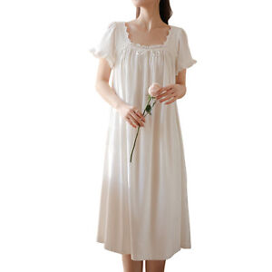 Women's Cotton Victorian Nightgown Soft Sleep Dress Short Sleeve Princess Pajama