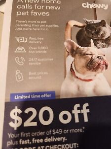 Chewy $20 Off Coupon Code 1st Order Of $49 or More Exp. 5/31/2024