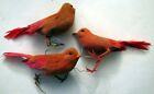 Vintage Lot 3  Flocked Bird Christmas Ornaments w/Feathers & Wired Feet