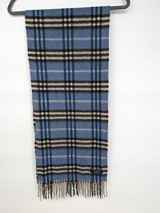Vintage Burberry Unisex One Size Blue Plaid 100% Cashmere Scarf with Fringes
