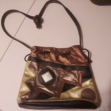 Vintage 80s style purse metallic drawstring bag leather & fabric preowned nice
