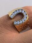Men's Real 14k Gold Plated Real Solid 925 Silver Lucky Horseshoe Ring CZ 7-12