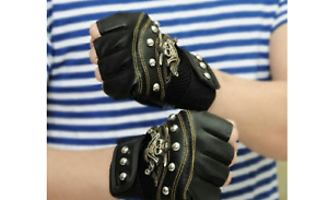 Motorcycle Skull Fingerless Leather Gloves Men Harley Touch Half Fingertip L