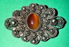 Antique Sterling  Silver Filigree Brooch Pin Red Carnelian Stone - 1.75” - 10g