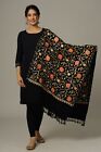 Black Indian Wool Shawl Embroidered Pink Orange Flowers & Gold Vine Pashmina Ari