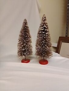 Vintage Pair Flocked Bottle Brush Christmas Trees 9.5