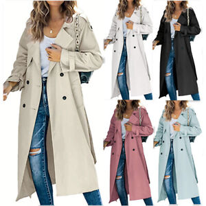 Women's Long Duster Jacket Double Breasted Belted Trench Coat Fashion Overcoat