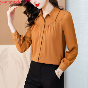 Korean Womens Casual Blouse Chiffon Workwear Business Solid Tunic Tops Shirts