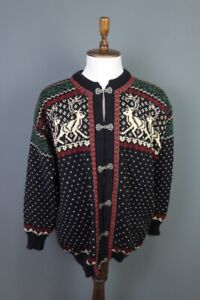 DALE OF NORWAY Black Deer Fair Isle Wool Knit Clasp Sweater Cardigan XXL/2XL