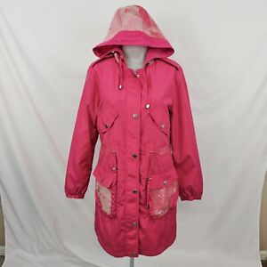 Betsey Johnson Women's Hooded Trench Rain Coat Pink Full Zip Small