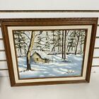 VTG Signed Painting Landscape Winter Snow Cabin Home Mountain Woods Forest -LN