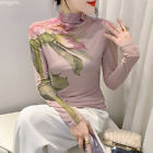 Korean Women High Neck Mesh Slim Floral Fall Winter Casual Tops Blouse Pullover