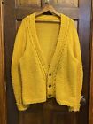 Vintage 60s 70s Shaggy XL Cable Knit Yellow Handmade Cardigan Wood Mohair Fuzzy