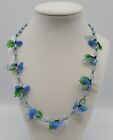 Vintage Adorable Blue and Green Lamp Work Glass Bead, Bird and Leaf Necklace