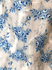Antique French Chintz Fabric  Blue Floral Roses 1850 Small Scale Dolls Cottage