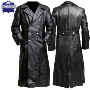 MEN'S BLACK LEATHER GERMAN CLASSIC WW2 MILITARY OFFICER UNIFORM TRENCH LONG COAT