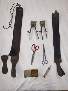 Lot of 8 Collectable Barber Tools ~ Razor Strops, Scissors, 1892 Clippers, &more