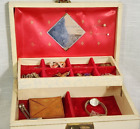 VINTAGE JEWELRY BOX WITH MISC ITEMS (dog pin,  bird pin, watch, wallet, etc)