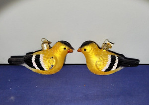 2 Goldfinch Bird Glass Christmas Ornament OWC Old World Christmas Glittery Hang