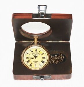 Vintage Antique Maritime Victoria London 1915 Brass Pocket Watch with Wooden Box