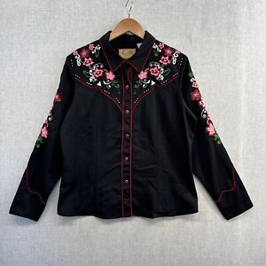 Scully Western Shirt Womens Large Black Floral Embroidered Snap Heavy Rodeo