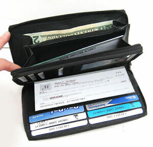 Black Leather Women's Checkbook Wallet Credit Card Organizer 2 Zip
