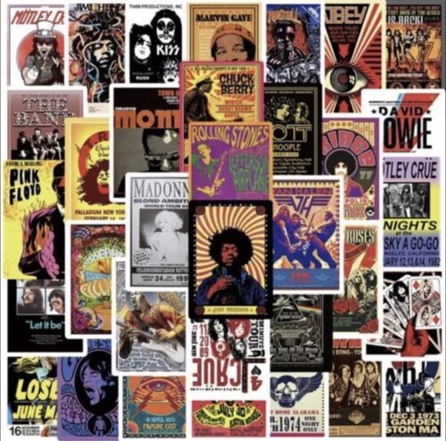 50 pc lot retro Rock N Roll bands vinyl sticker of old concert poster Fast Ship!