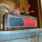 Primitive Wooden Box W/ Blue Calicos Stars & Early Red Quilt Backing Americana